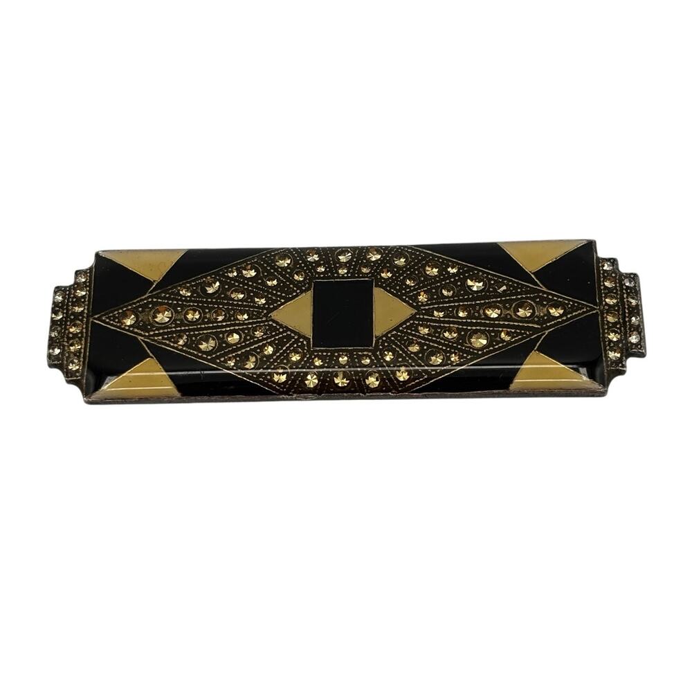 Art Deco Brooch Pierre Bex Black Gold Enamel Rhinestone Trombone Clasp Bar Pin